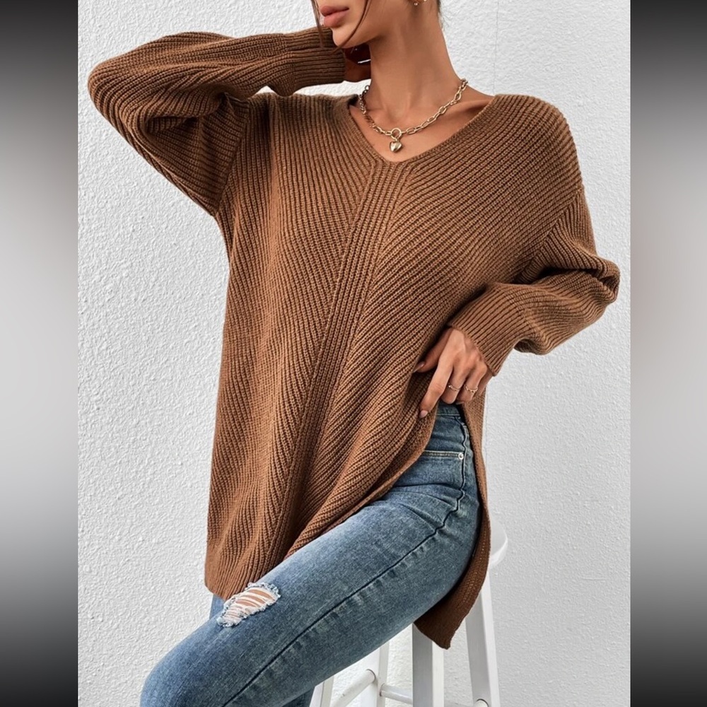Drop Shoulder Split Hem Sweater